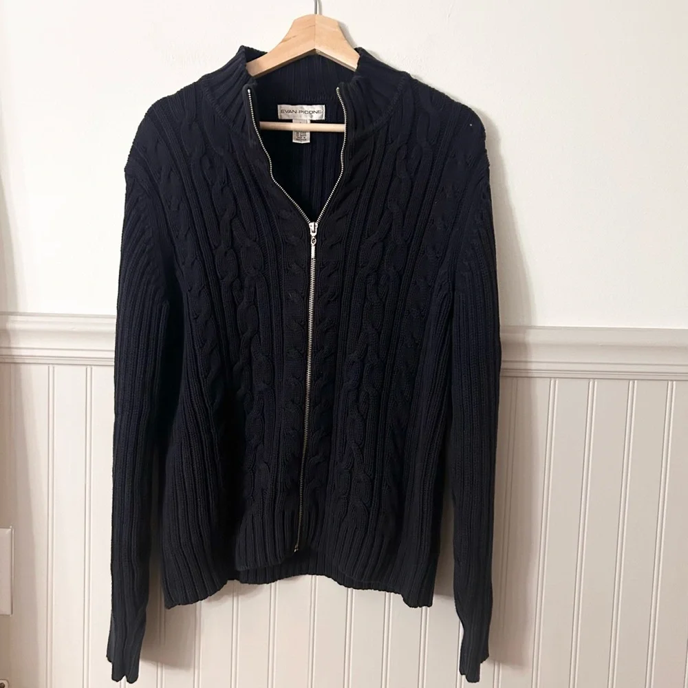 Evan Picone Men’s Large Black Cable Knit Zip-Up Sweater